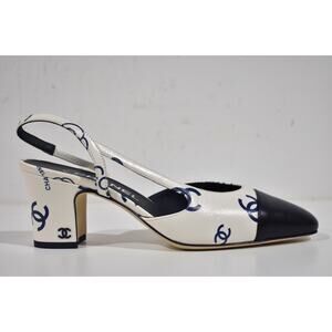 Chanel 23P Mademoiselle Coco Sling White Blue CC Logo Slingback Sandal Heel 40
